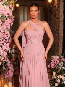 Glamrae 优雅时尚俏皮粉色露肩亮片拼接雪纺荷叶边装饰收腰修身长裙，适合多种场合，如晚礼服、网纱连衣裙、睡袍式连衣裙、单肩连衣裙等。 - 粉色 - 查看 3