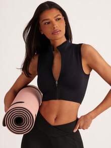 Easithlete Zip Up Crop Sports Tank Top Fitted Shirtworkout Tank Top - Black - View 5