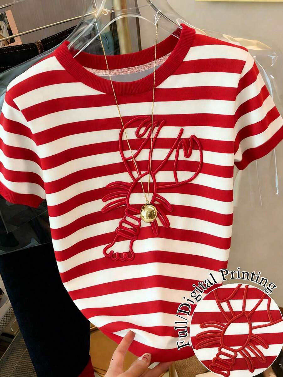 Resyla Women's Casual Striped Lobster Print Round Neck Short Sleeve T-Shirt, Summer - Multicolor - View 1
