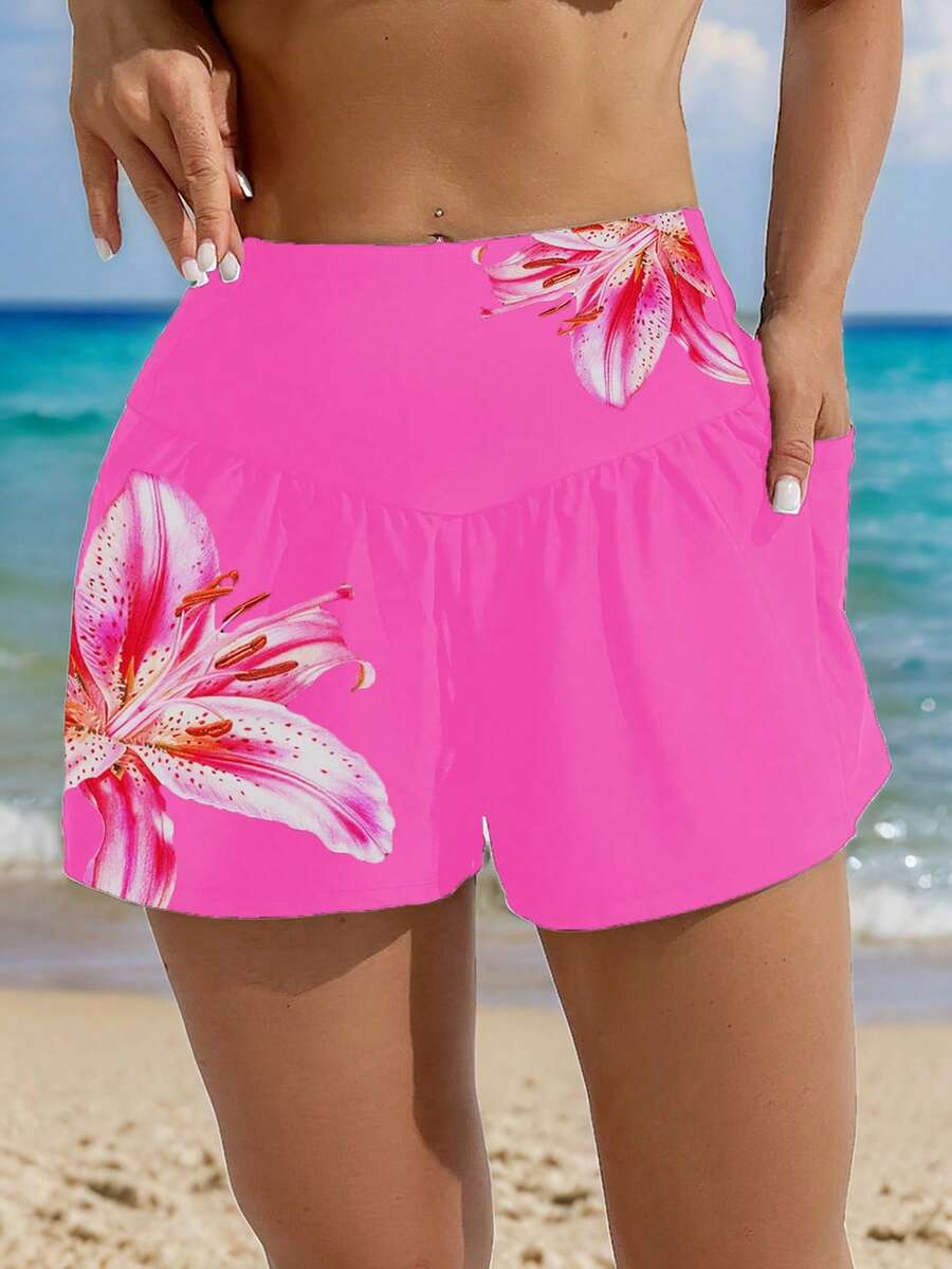 Swim Lushoire Pantalones cortos de playa con bolsillo y estampado de lirio para mujer, adecuados para vacaciones de verano. Pantalones cortos de baño, pantalones cortos de cobertura de traje de baño para mujer, pantalones cortos de verano casuales para mujer. - Rosa - Ver 1