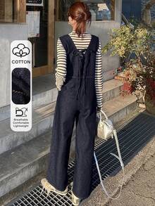 FRIFUL Women's Solid Color Casual Denim Bib Pants Jumpsuit - Blue - View 1