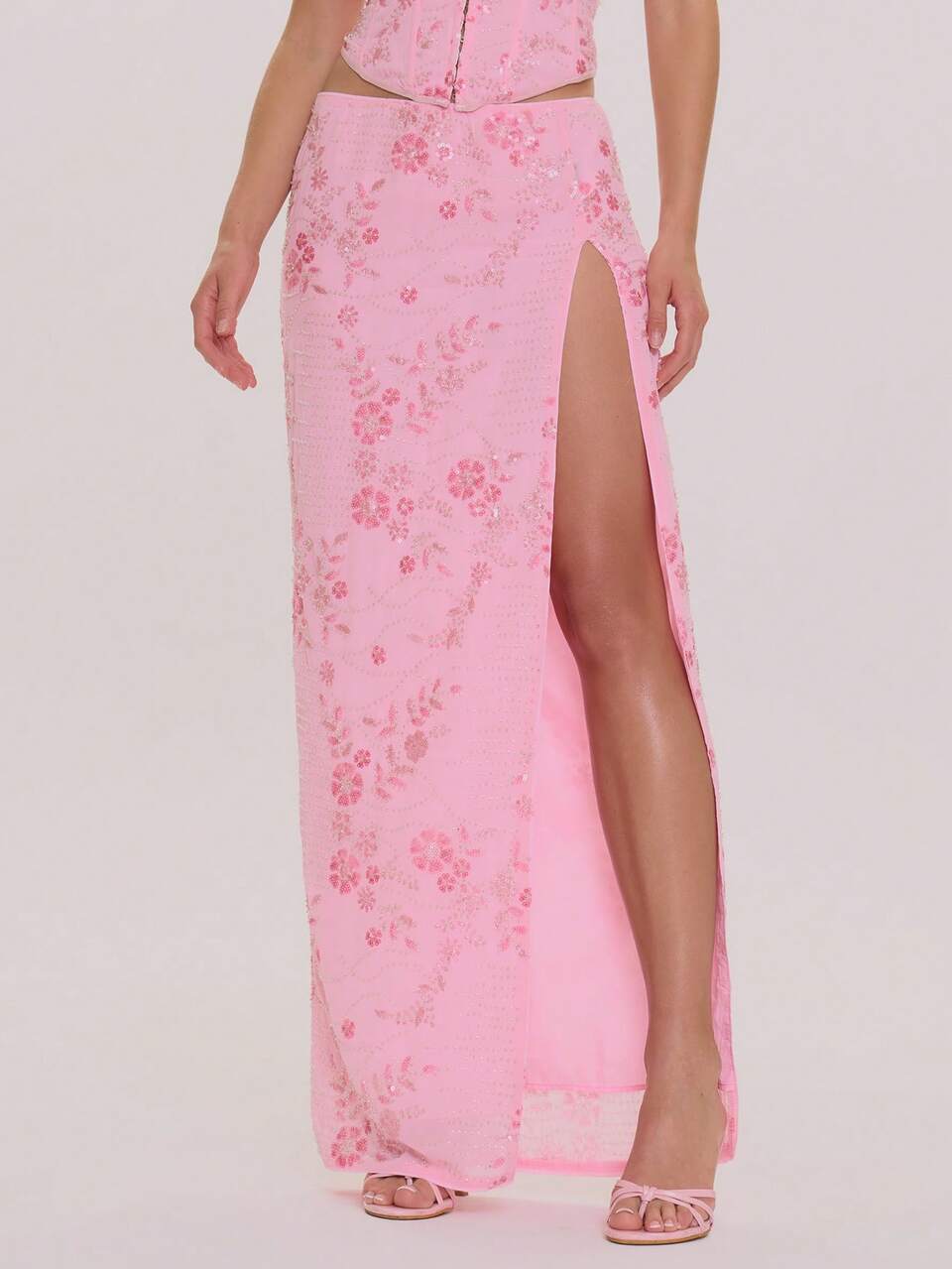 Saia Longa Reta com Fenda Extrema, Bordada com Contas e Lantejoulas, Ajuste Reto, Elegante para Casamento, Convidado, Férias, Ocasiões Especiais, Lua de Mel, Café