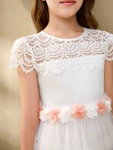 Girls' Elegant Flowing Embroidered Mesh Halter Waist Flared Midi Dress, Suitable For Weddings, Galas, Birthdays, Parties, All Seasons - White - View 4