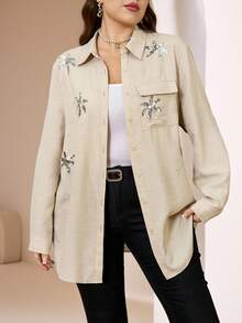 Veilorie Plus Size Women's Sequin Palm Tree Embroidered Casual Arabic Style Shirt - Apricot - View 1