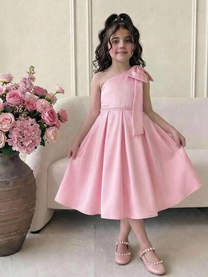 SHEIN Tween Girl Elegant Bowknot Decor Midi Dress
