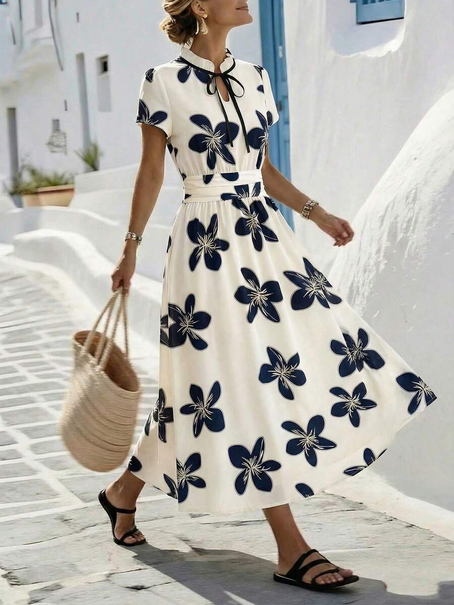 Franclia Vestido largo con estampado floral elegante y lazo para mujer - Blanco y Negro - Ver 1