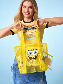 SpongeBob SquarePants | SHEIN 1 Cute Cartoon Character Pattern Mesh Tote Bag, Beach Bag, With Anti-Splashing Material Small Bag, Can Store Mobile Phones And Other Small Objects, Suitable For Commuting, Sports, Leisure, Outings, Suitable For Swimming, Large Capacity, Yellow - Yellow - View 4