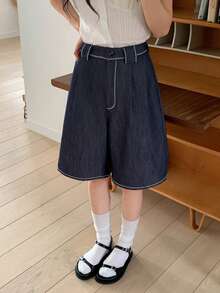 DAZY 女士纽扣腰带宽松休闲短裤 - 藍色 - 查看 3