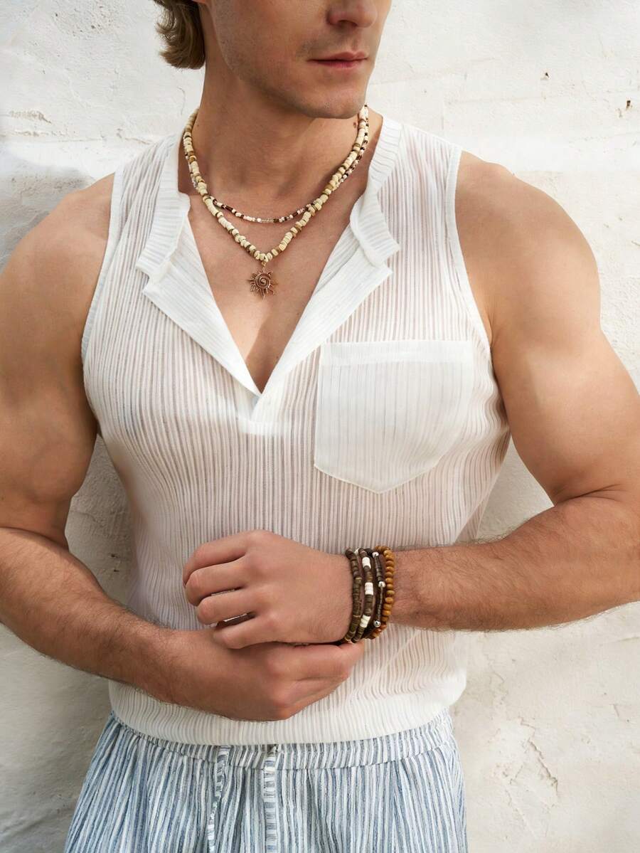 Airaco 男士透视条纹无袖紧身背心 - 白色 - 查看 1