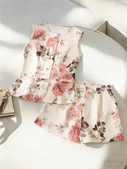 SHEIN Franclia Fashionable Minimalist Sleeveless Shirt & Shorts Set, Floral Print, Suitable For Commuting And Vacation, Spring/Summer