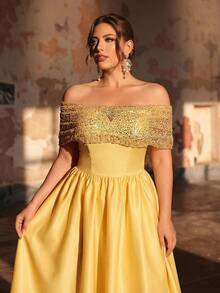Aureia Plus Size Elegant Romantic Off-Shoulder Light Yellow Sweetheart Neckline Luxury Beaded Patchwork Wedding Dress, Short Front Long Back A-Line Silhouette, Suitable For Wedding, Party, Celebration, Formal Ball Gown Off Shoulder Formal Dress Yellow Wedding Guest Dress Yellow Cocktail Dress - Yellow - View 4
