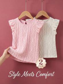 2 Piece Set Toddler Girl Tween Girls Outfit Sweet Y2K Style Pink White Diamond Cable Knit Flutter Ruffle Cap Sleeve Soft Thick Tops Shirts Blusas Summer Clothes Tops Daily Vacation Beach Wear For Spring Summer - Multicolor - View 9