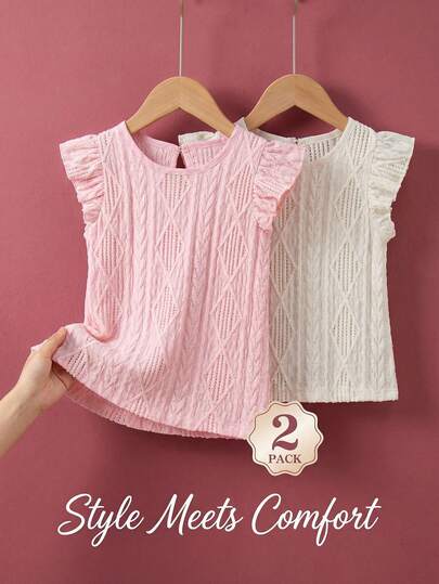 2 Piece Set Toddler Girl Tween Girls Outfit Sweet Y2K Style Pink White Diamond Cable Knit Flutter Ruffle Cap Sleeve Soft Thick Tops Shirts Blusas Summer Clothes Tops Daily Vacation Beach Wear For Spring Summer