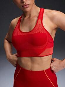 Powerista 女士条纹拼接露背日常健身运动文胸 - 紅色 - 查看 5