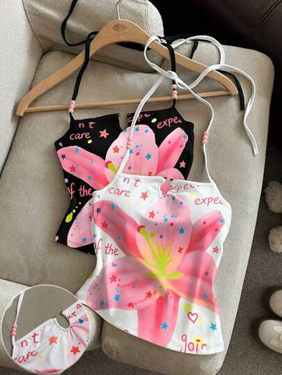 Franclia เสื้อกล้ามพิมพ์ลายคอ halter ประดับลูกปัดสีชมพูสำหรับผู้หญิง สไตล์เซ็กซี่และ Y2K เหมาะสำหรับใส่ไปเที่ยวเกาะ ชายหาด พักผ่อน เทศกาลดนตรี และปาร์ตี้
