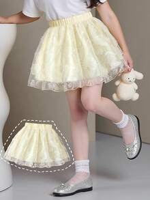 SHEIN Elladie kids 少女甜美优雅刺绣亮片3D立体花卉网纱A字公主裙，日常优雅可爱度假派对百搭之选 - 杏色 - 查看 3