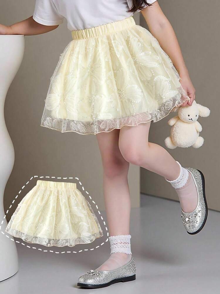 SHEIN Elladie kids Chân váy công chúa chữ A bằng vải lưới thêu hoa 3D đính sequin ngọt ngào, thanh lịch dành cho bé gái, đa năng cho cả ngày thường, đi nghỉ mát hay dự tiệc. - Màu be - Xem 3