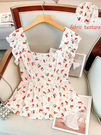 GlowEve CURVE Camisa de verano casual con volantes y estampado de cerezas, adecuada para fiestas, carnavales y uso al aire libre, talla grande