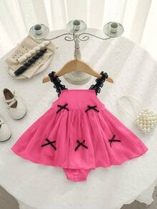 Newborn Baby Girl Cute & Elegant Apricot Bow Decor Sleeveless Romper, Summer - Hot Pink - View 2