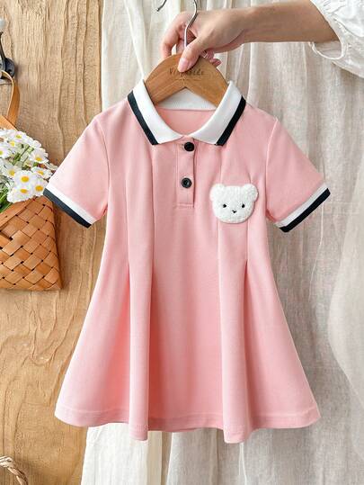 SHEIN Vintaside Kids 1pc Baby Girl Pink Pearl Fabric Dress, Ribbed Collar & Cuffs, Suitable For Casual, Outdoor, Sports, Party