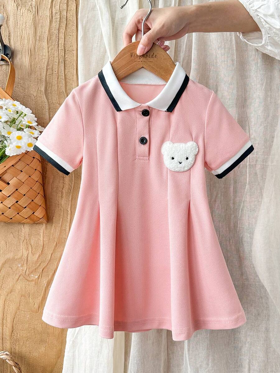 SHEIN Vintaside Kids 一件女婴粉色珍珠面料连衣裙,罗纹领口和袖口,适合休闲、户外、运动、派对等场合。 - 藕粉色 - 查看 1