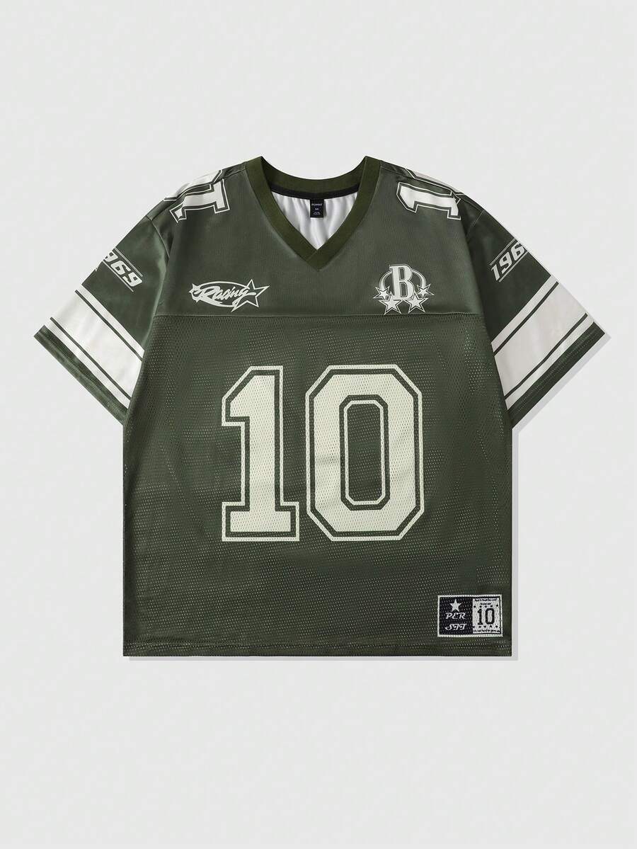 ROMWE MEN Prep 男士运动短袖T恤，网眼拼接面料，夏季款 - 軍綠色 - 查看 1