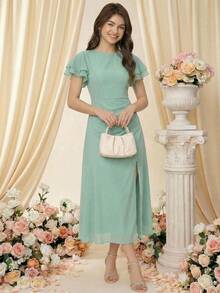 SHEIN Pitira 少女春夏新款绿色优雅荷叶边袖收腰开衩连衣裙，婚礼季正式着装 - 綠色 - 查看 6