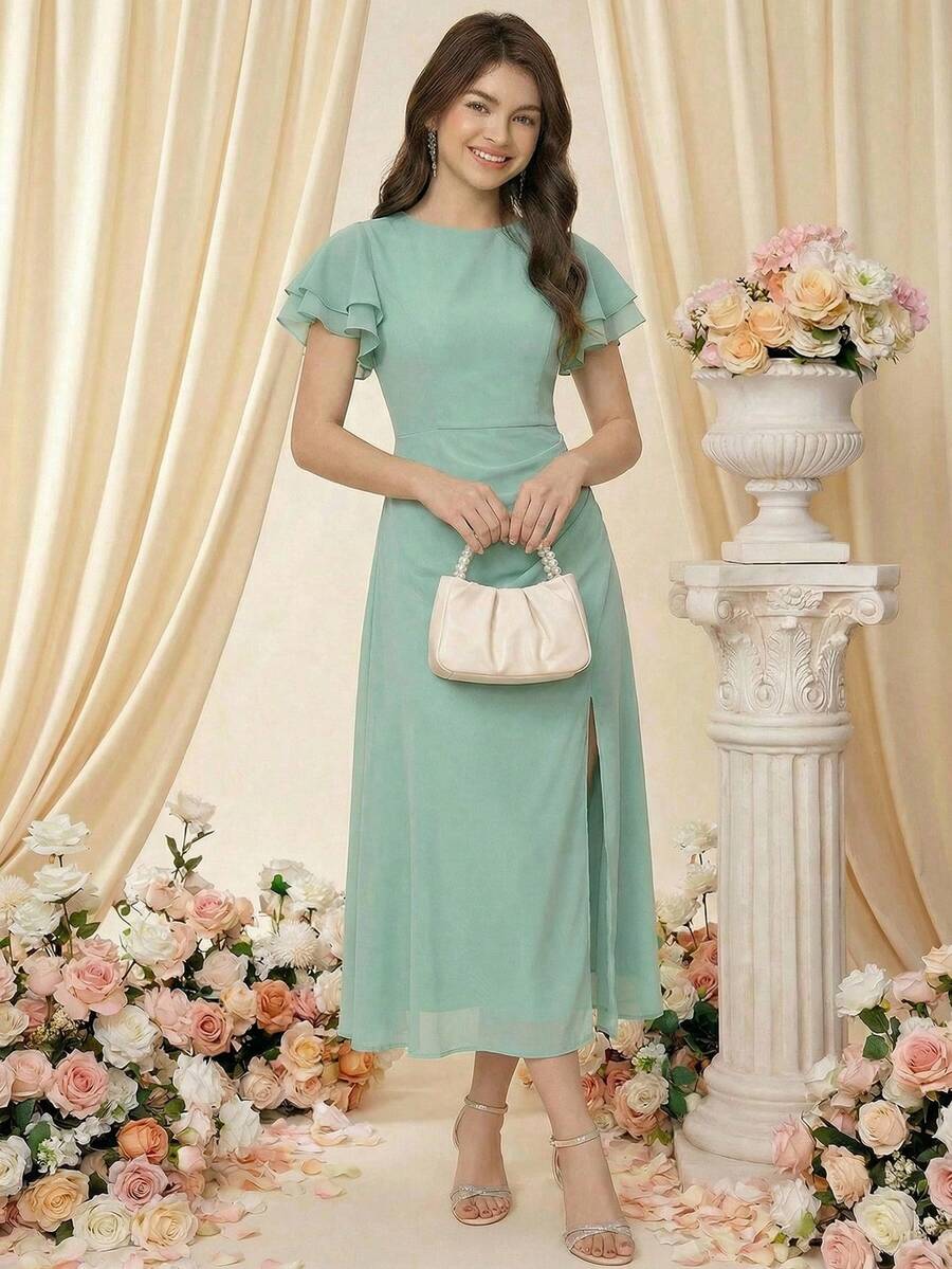 SHEIN Pitira 少女春夏新款绿色优雅荷叶边袖收腰开衩连衣裙，婚礼季正式着装 - 綠色 - 查看 1