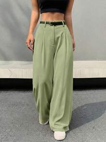 SHEIN EZwear Casual Versatile Commuter Solid Color Belted Wide Leg Pants - Fresh Green - View 3