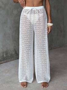 SHEIN Luminelle 2026新款女士夏季沙滩度假休闲百搭宽松镂空贝壳纹理面料沙滩裤及罩衫套装 - 白色 - 查看 7