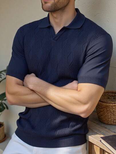 Manfinity Homme Men's Casual V-Neck Short Sleeve Knit Top, Textured Fabric, Suitable For Summer Vacation And Daily Commute Men Italy Vacation Outfits Men Buttoned Knitted Polo Summer Turtle Neck Men Knitted Shirt For Men Navy Blue Polo Men