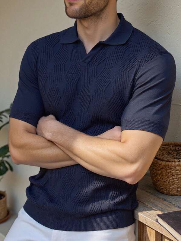 Manfinity Homme Men's Casual V-Neck Short Sleeve Knit Top, Textured Fabric, Suitable For Summer Vacation And Daily Commute Men Italy Vacation Outfits Men Buttoned Knitted Polo Summer Turtle Neck Men Knitted Shirt For Men Navy Blue Polo Men