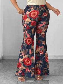 EMERY ROSE Plus Size Elegant Floral Print Flare Pants, Slimming And Leg-Lengthening, Suitable For Outings, Parties, Music Festivals - Multicolor - View 4