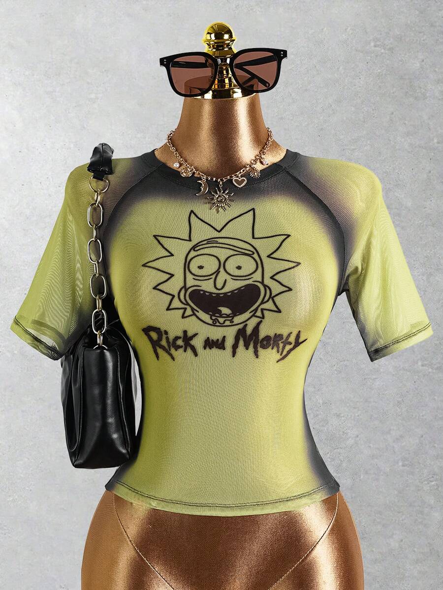 Rick and Morty X SHEIN 女士夏季时尚字母和人像图案短袖露脐紧身衣 - 綠色 - 查看 1
