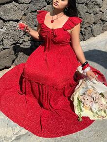 Sunnyshic 加大码红色波点短袖蝴蝶结装饰修身长裙，简约休闲夏季旅行度假装 - 紅色 - 查看 1