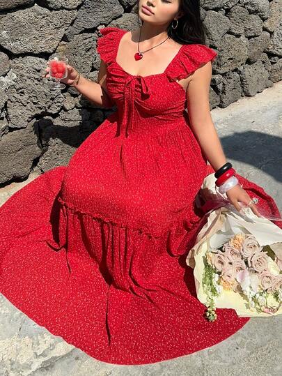 Sunnyshic 加大码红色波点短袖蝴蝶结装饰修身长裙，简约休闲夏季旅行度假装