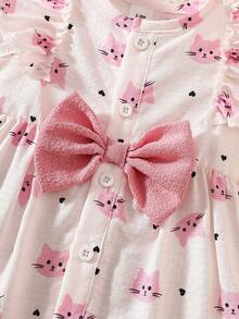 SHEIN 2件套新生女宝宝可爱卡通猫咪印花无袖连衣裙和帽子，轻便舒适，适合日常穿着、派对、周岁生日、春夏新款 - 粉色 - 查看 5