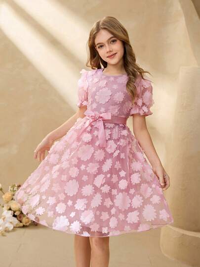 Tween Girl 3D Floral Round Neck Petal Sleeve Waist Tie Bow Flare Short Dress, Suitable For Wedding, Prom, Birthday Party, Banquet
