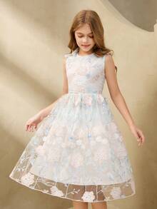 Tween Girl Floral Embroidered Mesh Round Neck Sleeveless Dress - White - View 1
