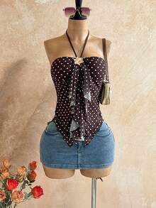 Soleia 秋冬度假风金属花朵装饰波点图案露背不对称下摆女式背心，适合海滩度假、夏季穿着 - 棕色 - 查看 5