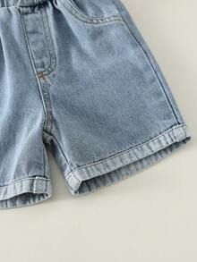 SHEIN 男婴夏季休闲可爱小熊图案T恤和蓝色牛仔短裤两件套，夏季服装 - 彩色 - 查看 7