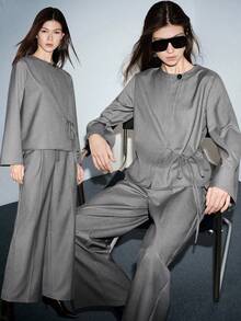 Lumivelle 女士时尚职业圆领侧系蝙蝠袖长款外套+直筒裤两件套 - 灰色 - 查看 1