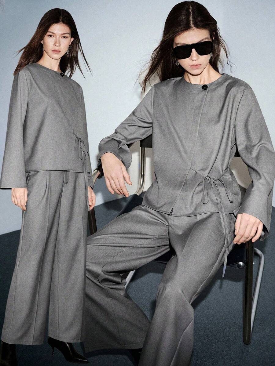 Lumivelle 女士时尚职业圆领侧系蝙蝠袖长款外套+直筒裤两件套 - 灰色 - 查看 1