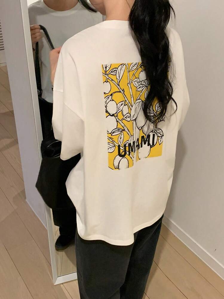 Women's Letter & Plant Pattern Round Neck Dropped Shoulder Casual Loose T-Shirt