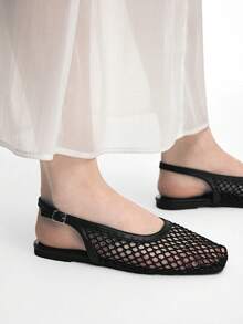 Mnmlis Zapatos planos de mujer con punta cuadrada, de moda, tejidos y sin cordones - Negro 1 - Ver 13