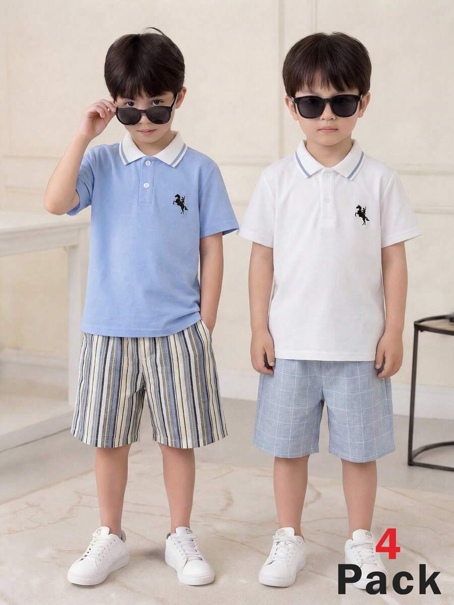 SHEIN 4件套男童可爱休闲学院风夏季polo衫及条纹格子短裤套装，适合生日派对、晚宴、演出、婚礼等场合。
