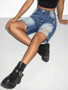 SHEIN ICON Women's Casual Washed Distressed Low Waist Denim Shorts - Blue - View 5