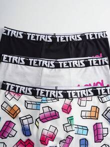 Tetris™ X SHEIN 3pcs Men's Boxer Briefs With Digital Cube Print & Elastic Waistband - Black and White - View 3
