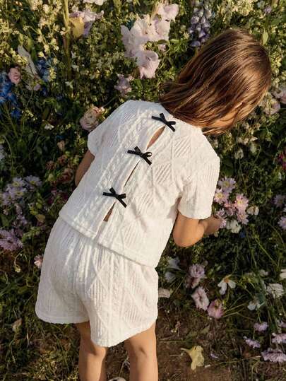 SHEIN Young Girl' Colorblock Bow Decor Short Sleeve T-Shirt