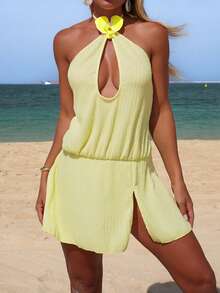 Swim Chiccia Spring/Summer Beachwear Pale Yellow Textured Fabric Sexy Halter Hollow Out Dress, Vacation Casual Cover Up - Light Yellow - View 3